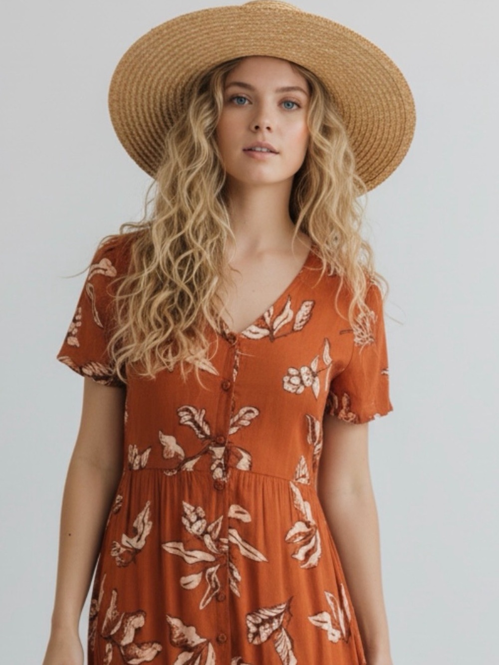 Sonoma Tiered Maxi Dress with 🍃Leaf Pattern, Button Detailing On Front